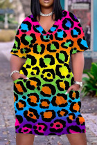 Veelkleurige casual print patchwork basic jurk met V-hals en korte mouwen
