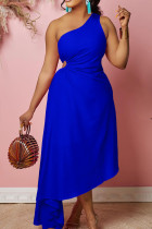 ロイヤルブルーのセクシーなソリッドパッチワーク非対称斜め襟不規則なドレスドレス