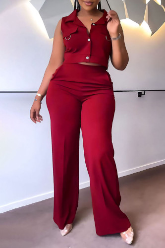 Red Casual Elegant Solid Patchwork Buckle Turndown Collar Sleeveless Two Pieces