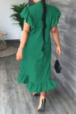 Blue Casual Solid Patchwork Buckle O Neck Dresses