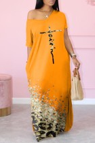Orange Casual Print Basic V Neck Short Sleeve Dress Dresses