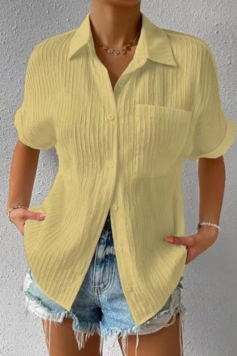 Cime con colletto della camicia di base patchwork solido casual giallo