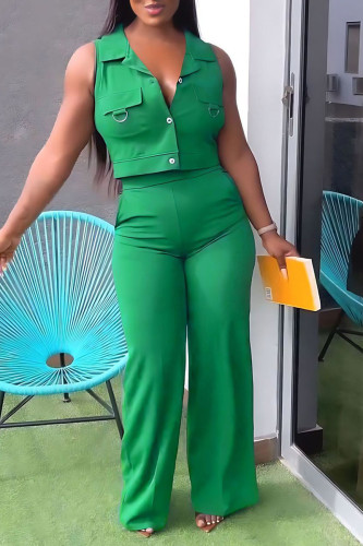 Green Casual Elegant Solid Patchwork Buckle Turndown Collar Sleeveless Two Pieces