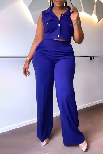 Blue Casual Elegant Solid Patchwork Buckle Turndown Collar Sleeveless Two Pieces