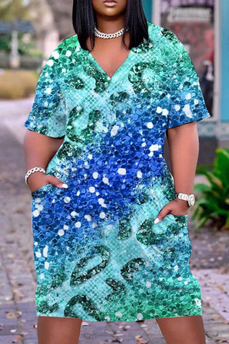 Blue Casual Print Patchwork Basic V Neck Short Sleeve Dress