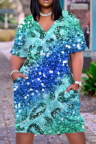 Blaues, lässiges Patchwork-Basic-Kleid mit V-Ausschnitt und kurzen Ärmeln
