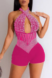 Rose Red Sexy Patchwork Hot Drilling Hollowed Out Backless Halter Skinny Romper
