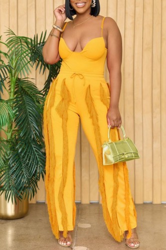 Yellow Sexy Casual Solid Tassel Backless Spaghetti Strap Sleeveless Two Pieces
