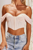Apricot Sexy Street Solid Patchwork Mesh Trägerloses Oberteil mit hoher Taille