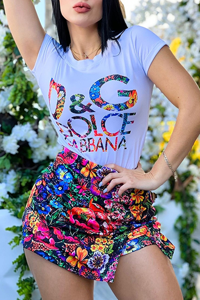 

Multi-color Casual Print Letter O Neck Short Sleeve Two Pieces