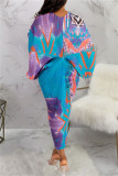Vestidos de talla grande con falda lápiz con cuello en V y patchwork con estampado informal azul colorido