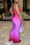 Красный Фиолетовый сексуальный постепенное изменение печати лоскутное платье без бретелек юбка-карандаш платья