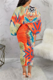 Orange Khaki Casual Print Patchwork V Neck Pencil Skirt Plus Size Klänningar
