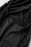 Vestidos de falda de lápiz halter con pliegues de patchwork sólido sexy negro (incluida la manga)