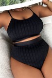 Roupa de banho preta sexy lisa sem costas com alças espaguete plus size