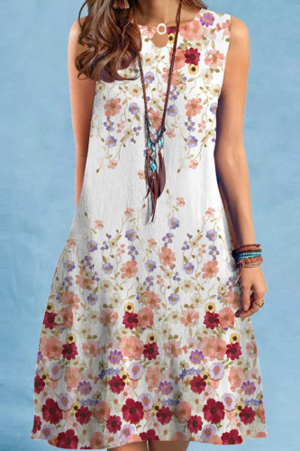 Powder White Casual Print Patchwork O Neck A Line Dresses