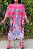 Lake Blue Casual Print Patchwork V Neck Pencil Skirt Robes de grande taille