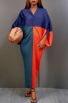 Vestidos de talla grande con falda lápiz con cuello en V y patchwork con estampado informal azul colorido