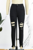 Black Casual Solid Ripped High Waist Skinny Denim Jeans
