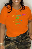Oranje Casual Basis Print Patchwork T-shirts met letter O-hals