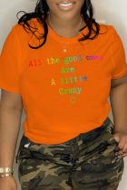 Camisetas casuais laranja com estampa de patchwork letra O decote