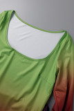 グリーン カジュアル 徐々に変化するプリント ベーシック U ネック長袖ドレス
