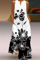 Blanco y negro casual elegante estampado patchwork cuello en V una línea de vestidos