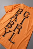 Оранжевые повседневные уличные принты в стиле пэчворк с круглым вырезом прямые платья больших размеров