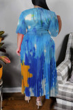 Blauwe casual print patchwork vouw O-hals A-lijn grote maten jurken
