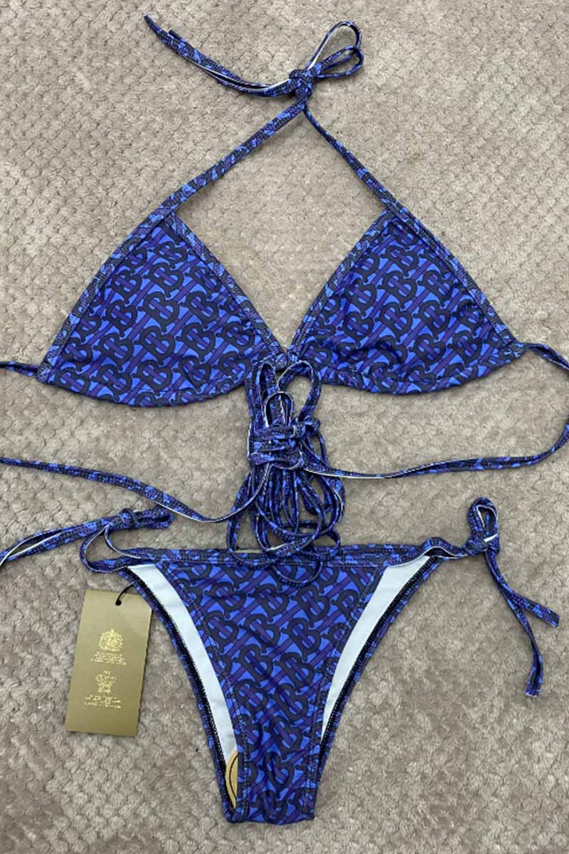 

Dark Blue Sexy Letter Print Patchwork Frenulum Swimwears