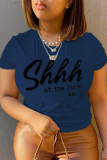 Marineblauwe Casual T-shirts met dagelijkse print en patchwork Letter O-hals