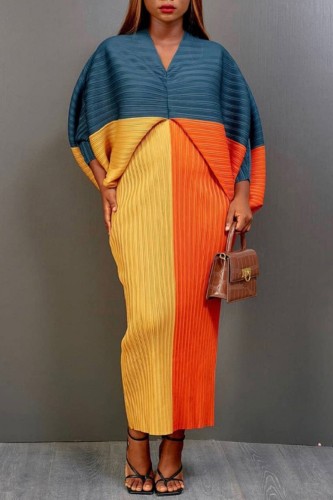 Lake Blue Casual Print Patchwork V Neck Pencil Skirt Plus Size Dresses