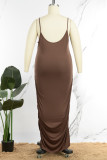 ダークブラウンのセクシーなソリッドパッチワークスパゲッティストラップワンステップスカートプラスサイズのドレス