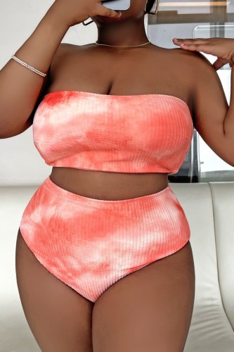 Оранжевый Sexy Print Tie Dye Backless Strapless Swimwear Plus Size (с прокладками)