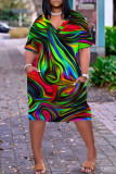 Fuchsiafarbenes, lässiges, kurzärmliges Basic-Kleid mit V-Ausschnitt