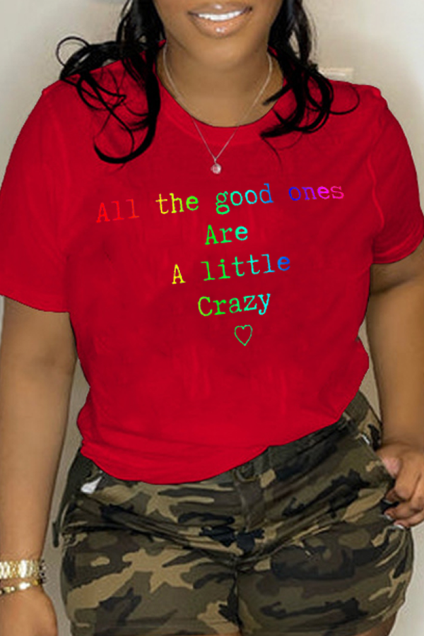 Camisetas con cuello en O de letras de patchwork con estampado básico informal rojo