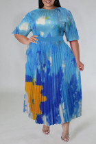 Blue Casual Print Patchwork Fold O Neck A Line Plus Size Dresses