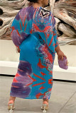 Озерно-синяя повседневная юбка-карандаш с принтом в стиле пэчворк и V-образным вырезом Платья больших размеров