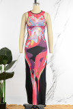 Farbe Sexy Print Schlitz O-Ausschnitt Langes Kleid Kleider
