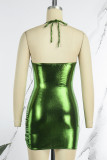 グリーン セクシー ソリッド 包帯 バックレス フォールド ホルター ノースリーブ ドレス ドレス
