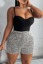 Black Sexy Striped Patchwork Spaghetti Strap Sleeveless Two Pieces Cami Tops And Shorts Set