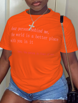 T-shirt arancione casual semplicità stampa patchwork lettera o collo