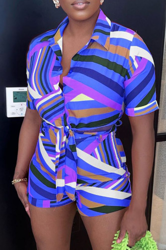 Blue Casual Print Patchwork Turndown Collar Short Sleeve Two Pieces