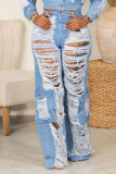 Deep Blue Street Solid strappato crea vecchi jeans in denim a vita alta patchwork