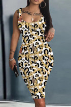 Золотистое повседневное платье с принтом и U-образным вырезом Жилет Платья Платья