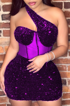 Violet Sexy Party Célébrités Solide Paillettes Patchwork Oblique Col Une Étape Jupe Robes