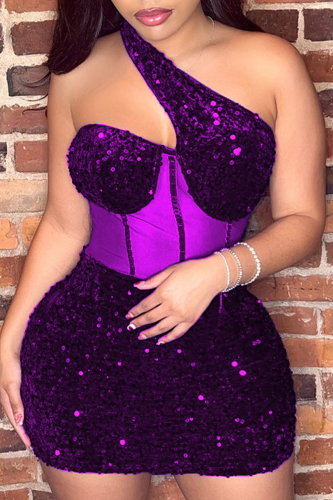 Purple Sexy Party Celebrities Solid Sequins Patchwork Oblique Collar One Step Skirt Dresses
