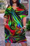 Fuchsiafarbenes, lässiges, kurzärmliges Basic-Kleid mit V-Ausschnitt