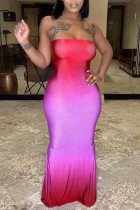 Красный Фиолетовый сексуальный постепенное изменение печати лоскутное платье без бретелек юбка-карандаш платья