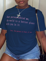 Marineblaue, lässige, schlichte Print-Patchwork-T-Shirts mit O-Ausschnitt